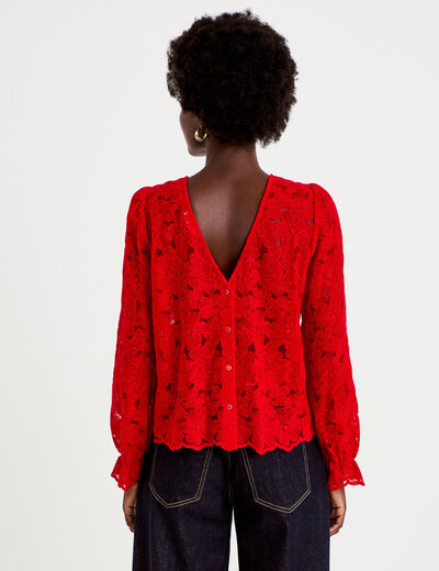 Blouse droite col v en dentelle rouge femme