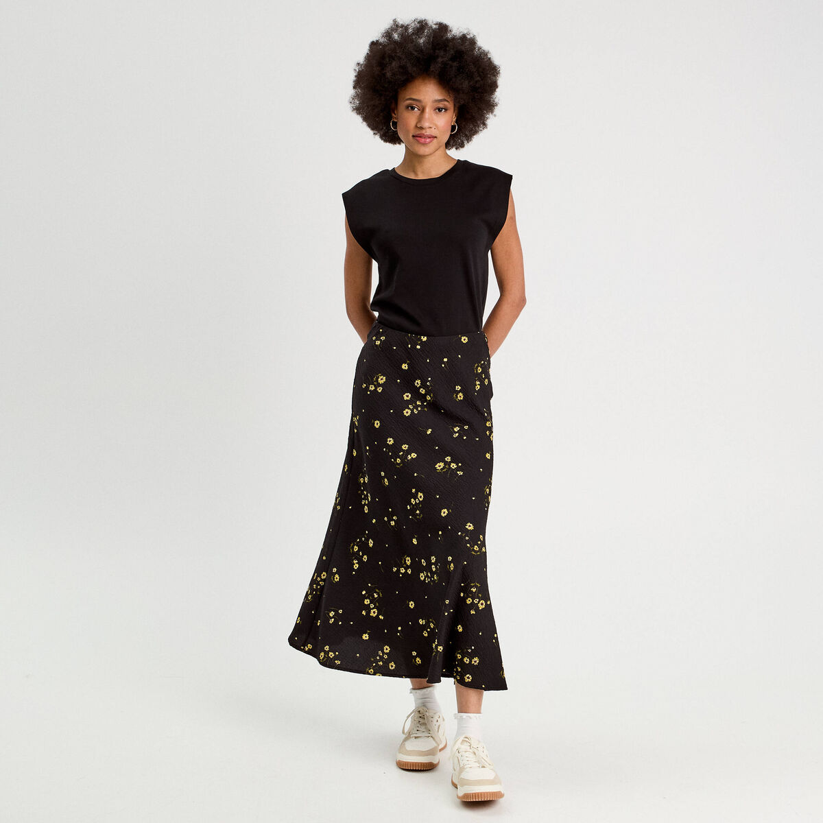 Jupe longue évasée fluide jaune femme