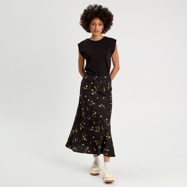 Jupe longue évasée fluide jaune femme