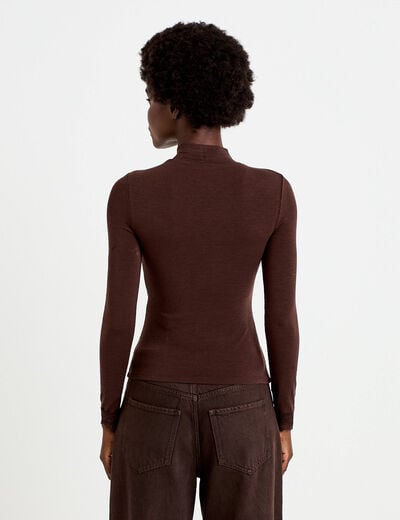 T-shirt ajust&eacute; col roul&eacute; dentelle marron fonc&eacute; femme