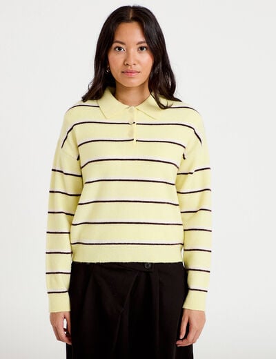 Polo manches longues col chemise jaune clair femme