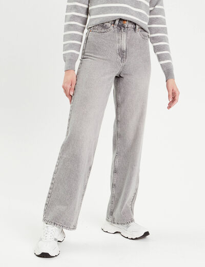 Jeans wide leg taille haute denim gris femme
