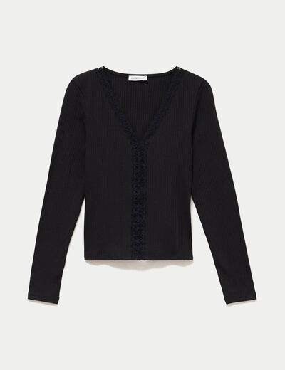 T-shirt ajust&eacute; dentelle manches longues noir femme