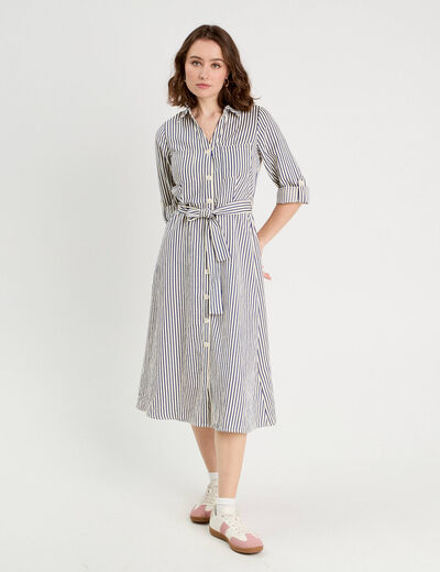 Robe longue chemise ceinturée bleu marine femme