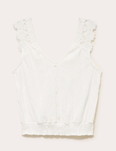 Top droit court sans manches en dentelle ecru femme