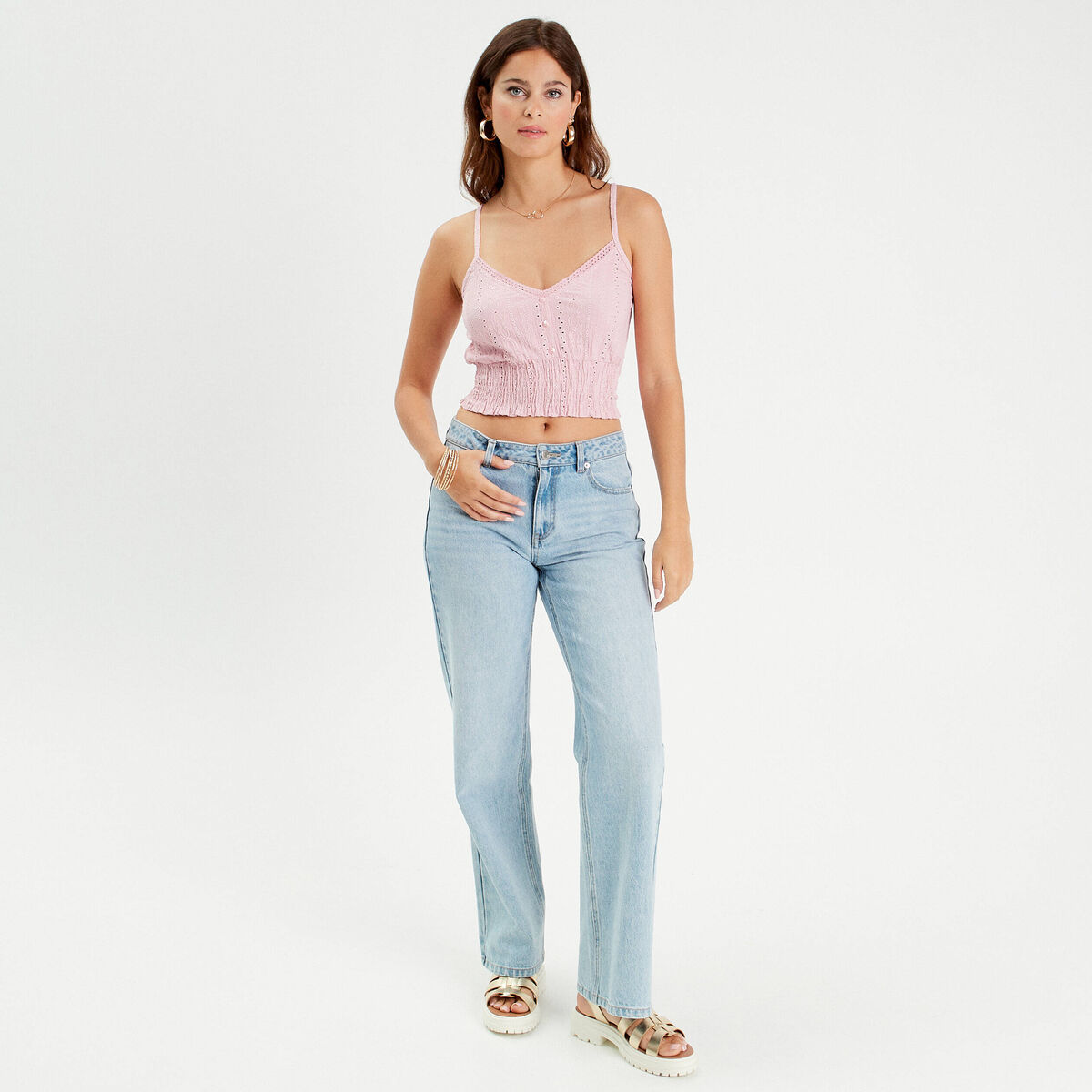 Blouse broderie anglaise rose poudrée femme