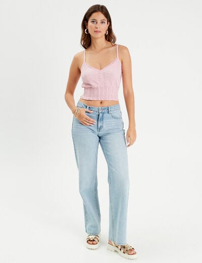Blouse broderie anglaise rose poudrée femme