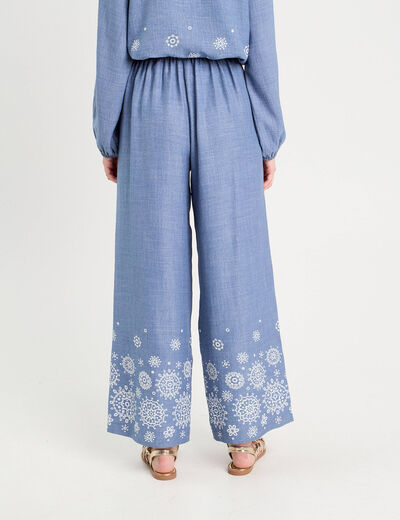 Pantalon large brodé bleu femme