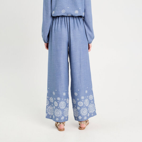 pantalon large brode bleu femme Pantalon large brodé bleu femme