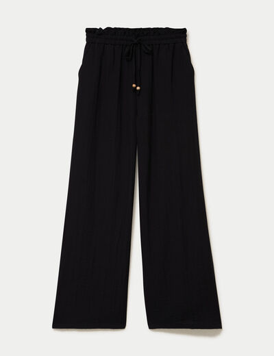 Pantalon large taille haute avec perles noir femme