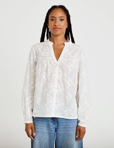 Blouse droite col rond manches longues ecru femme