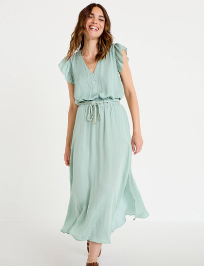 Jupe longue &eacute;vas&eacute;e satin vert pastel femme