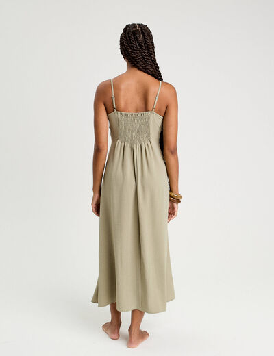 Robe longue &eacute;vas&eacute;e fendue vert kaki femme