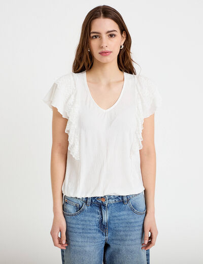 Blouse col v manches courtes dentelle ecru femme
