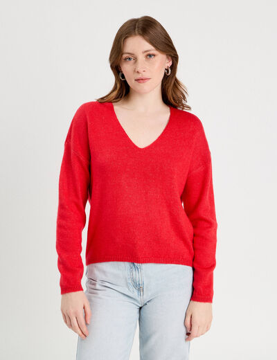 Pull manches longues col en V rouge femme