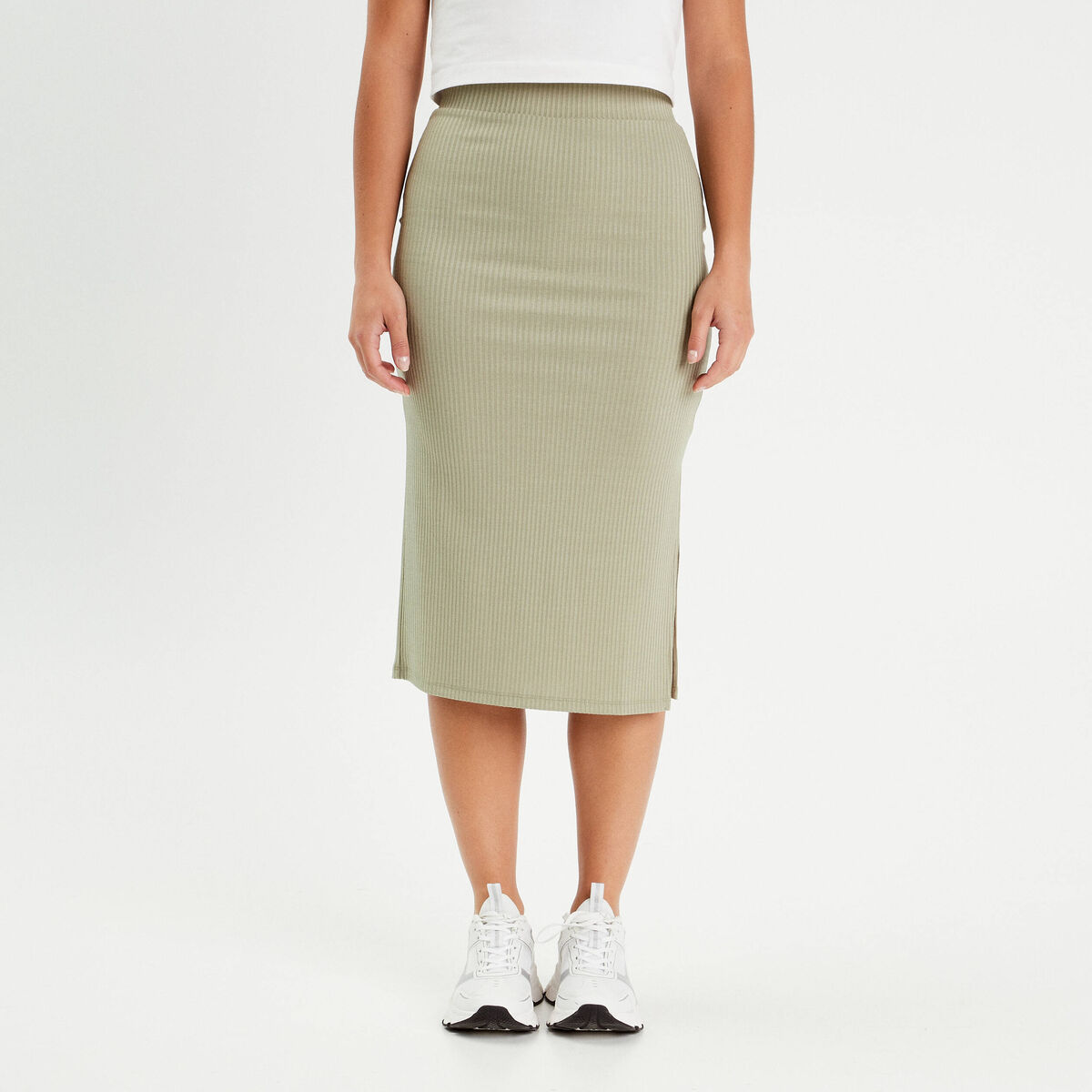 Jupe midi moulante vert kaki femme