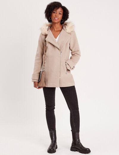 Manteau droit avec capuche beige femme