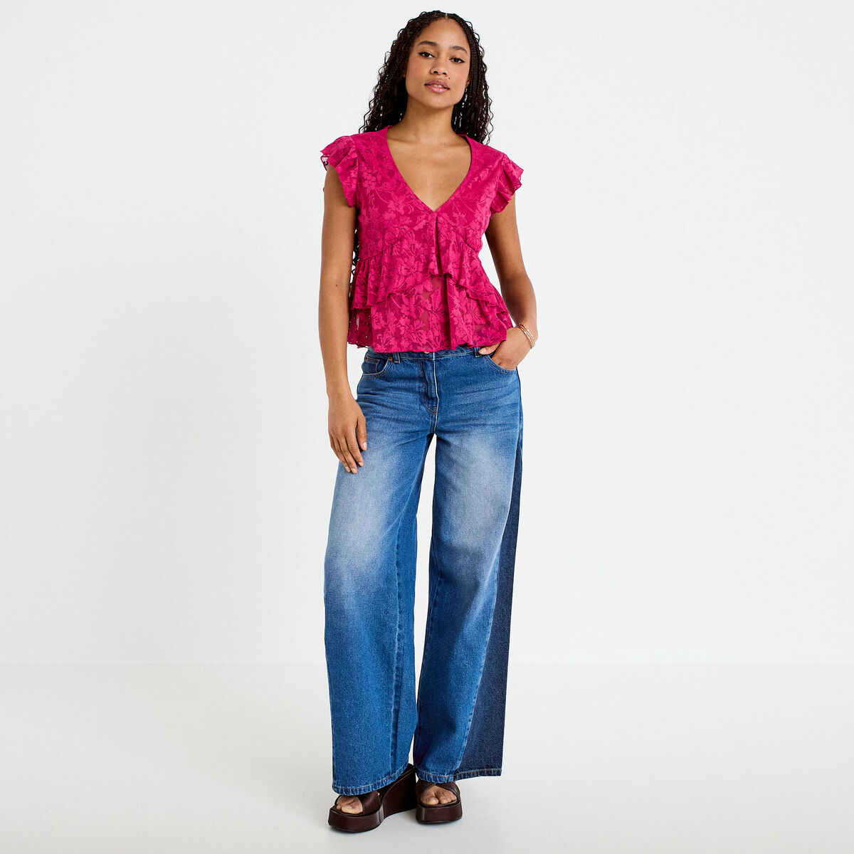 Blouse manches courtes aspect dentelle prune femme
