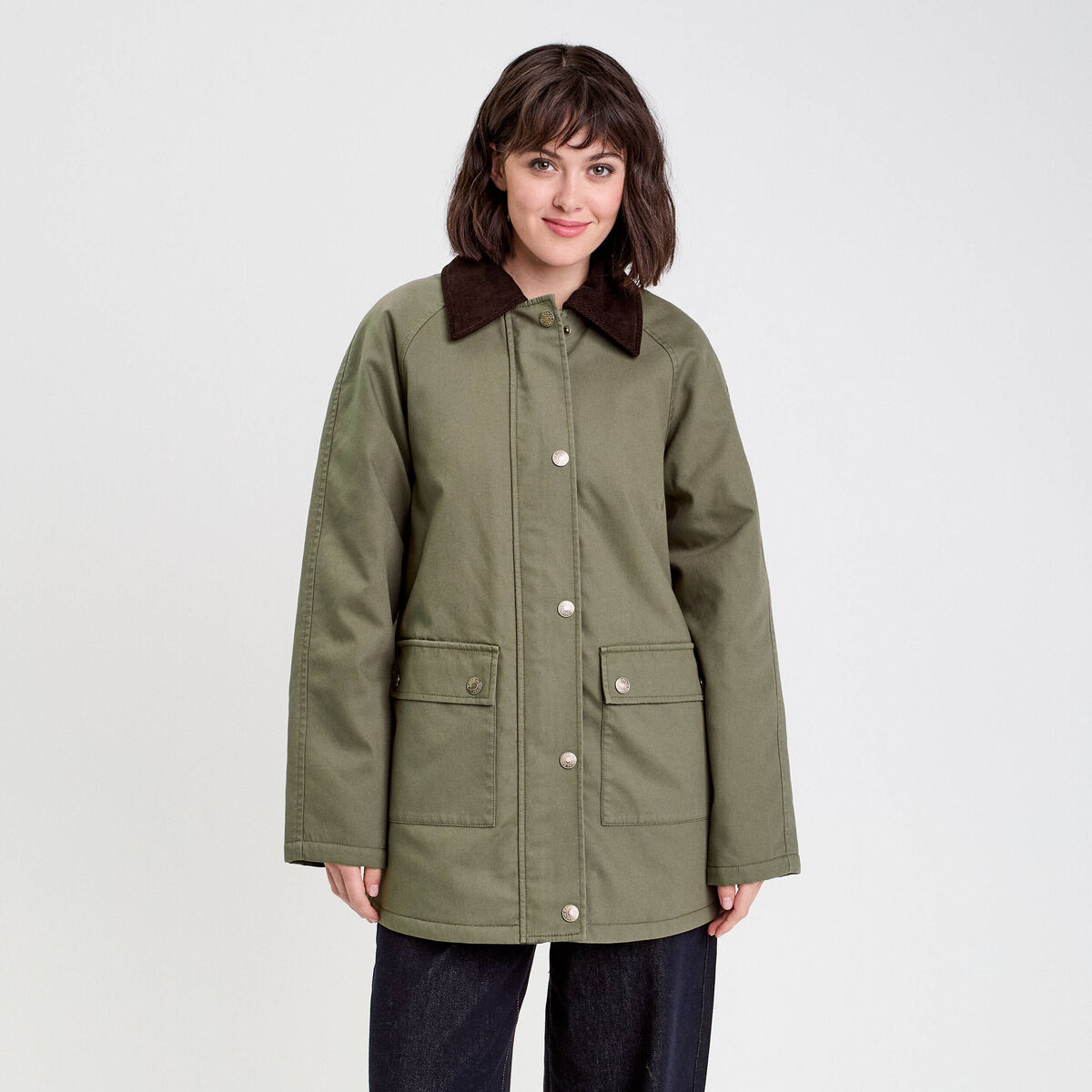 Veste droite mi-longue en coton vert kaki femme
