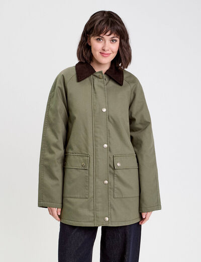 Veste droite mi-longue en coton vert kaki femme