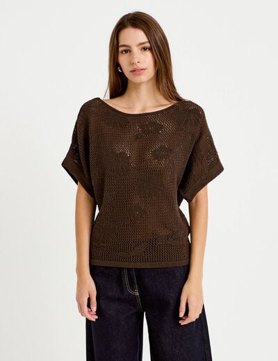 Pull ajour&eacute; col bateau manches courtes marron fonc&eacute; femme