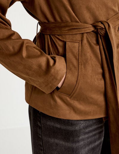 Caban droit col montant aspect daim marron femme