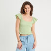 T-shirt smocké avec broderie vert clair femme