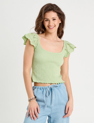 T-shirt smocké avec broderie vert clair femme
