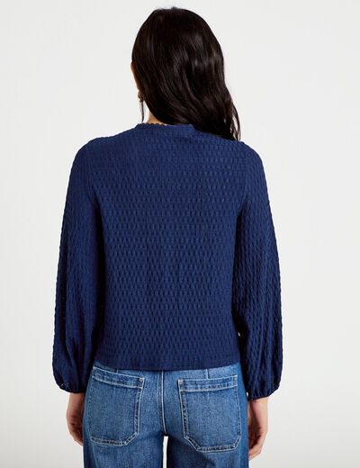 Blouse col rond manches longues bleu fonc&eacute; femme