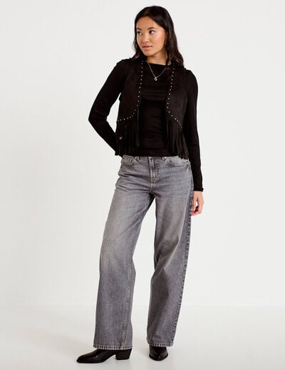 Gilet droit sans manches aspect daim noir femme