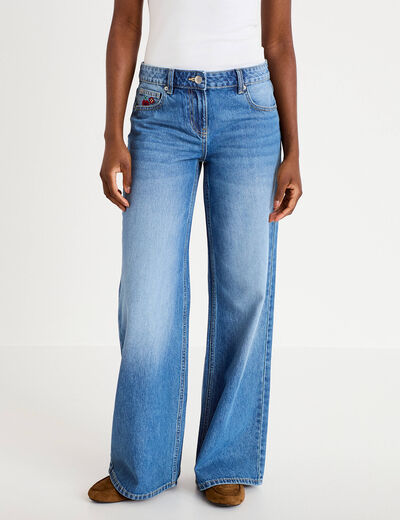 Jean wide leg taille basse broderie denim stone femme