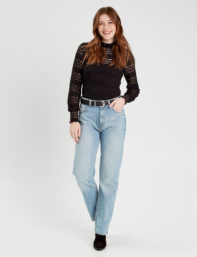 Blouse dentelle col montant noir femme
