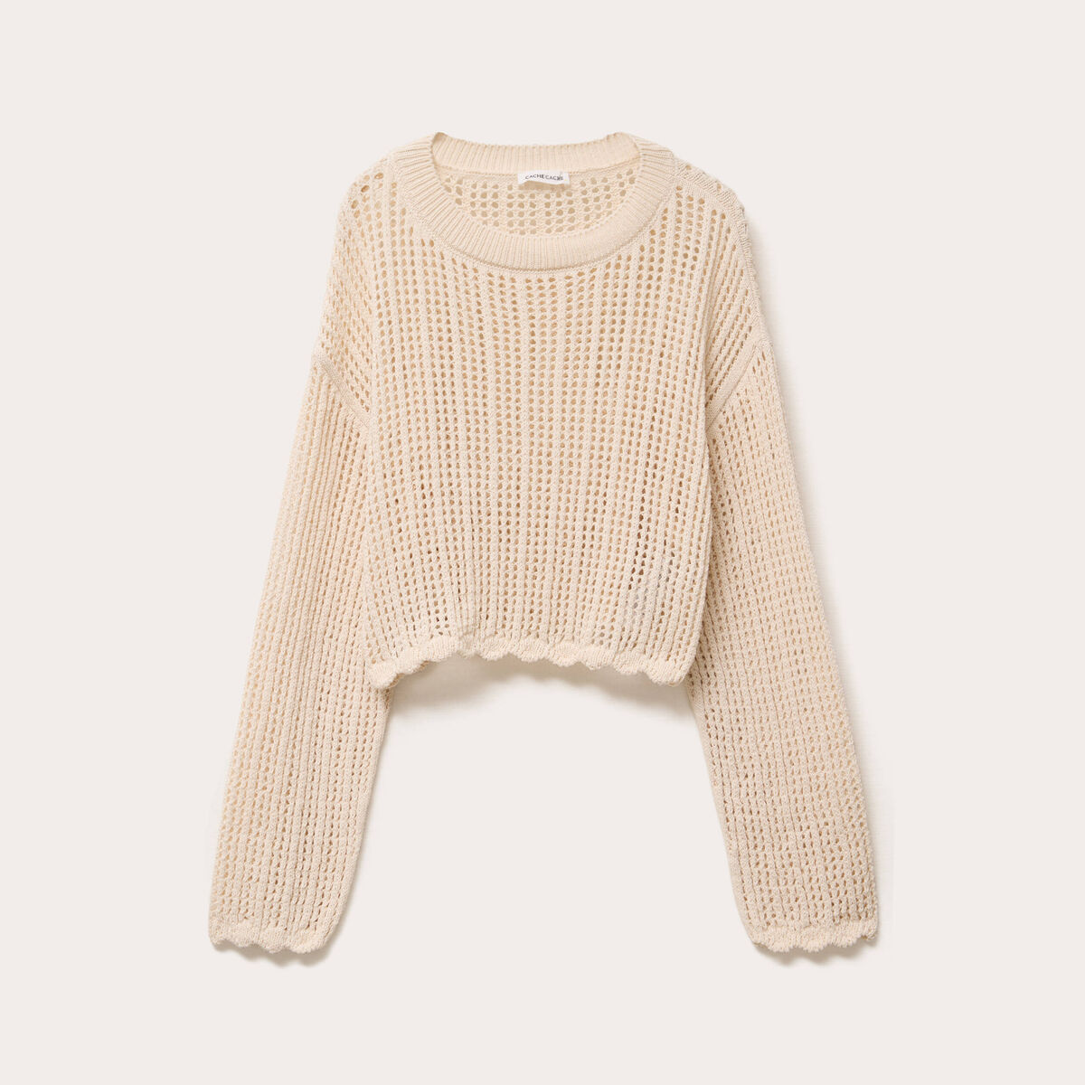 Pull ajouré col rond manches longues ecru femme