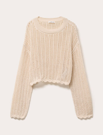 Pull ajouré col rond manches longues ecru femme