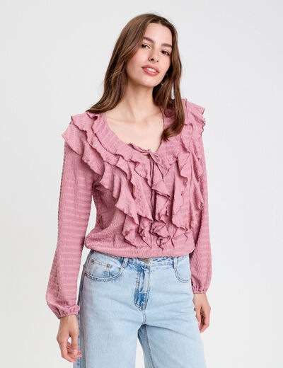 Blouse manches longues aspect dentelle vieux rose femme