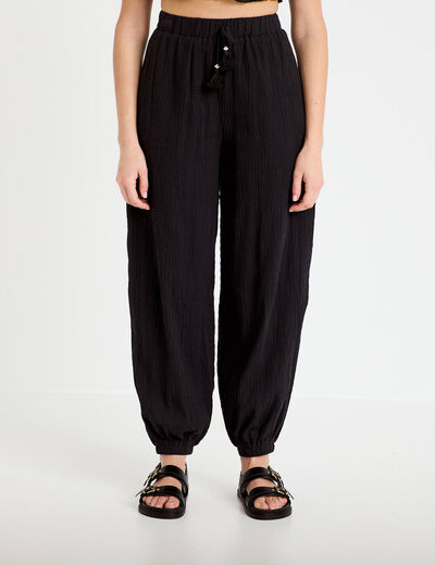 Pantalon large taille haute pliss&eacute; noir femme