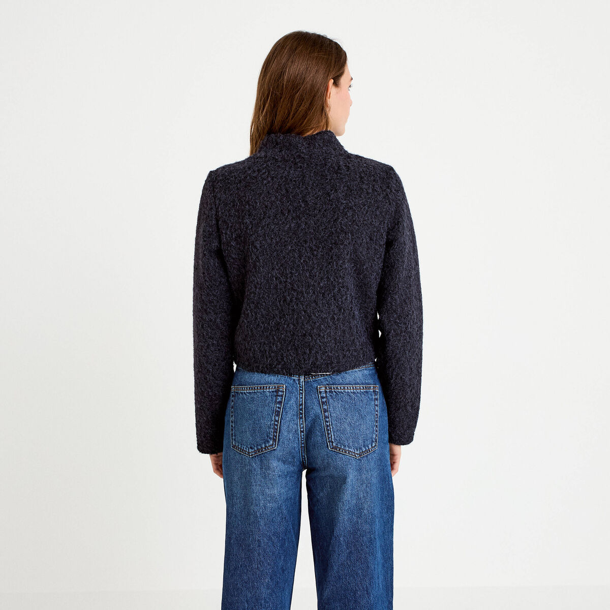 Veste droite cropped effet polaire bleu marine femme