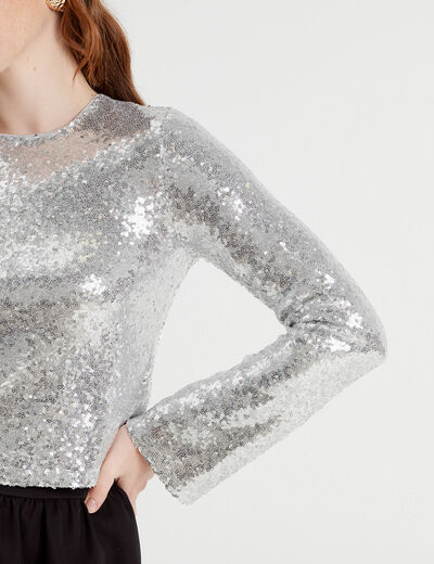 T-shirt avec sequins gris argent femme
