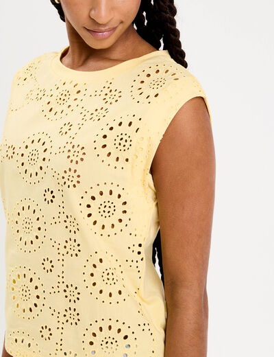 T-shirt sans manches brodé jaune clair femme
