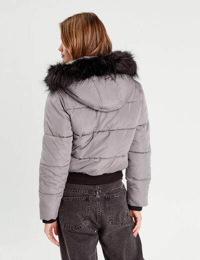 Doudoune à capuche fausse fourrure gris clair femme