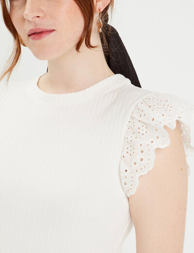 T-shirt manches courtes côtelé ecru femme