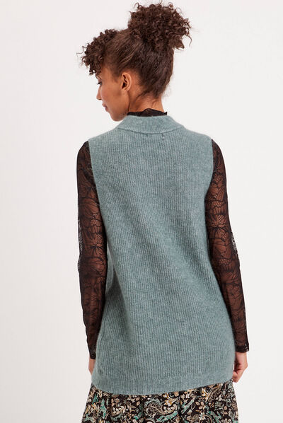 Pull sans manches col roulé vert foncé femme