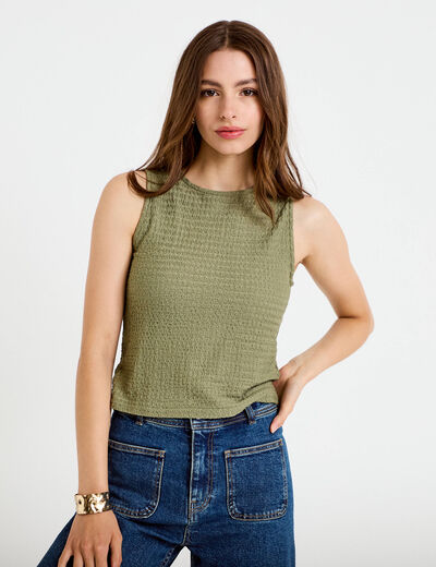Top pliss&eacute; col rond manches courtes vert kaki femme