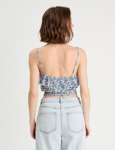 Blouse cropped volants bleu femme