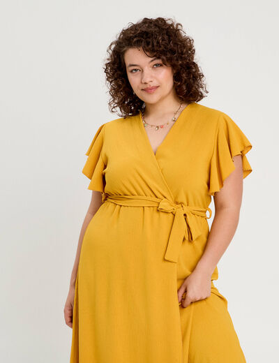 Robe longue évasée cache-coeur jaune femme