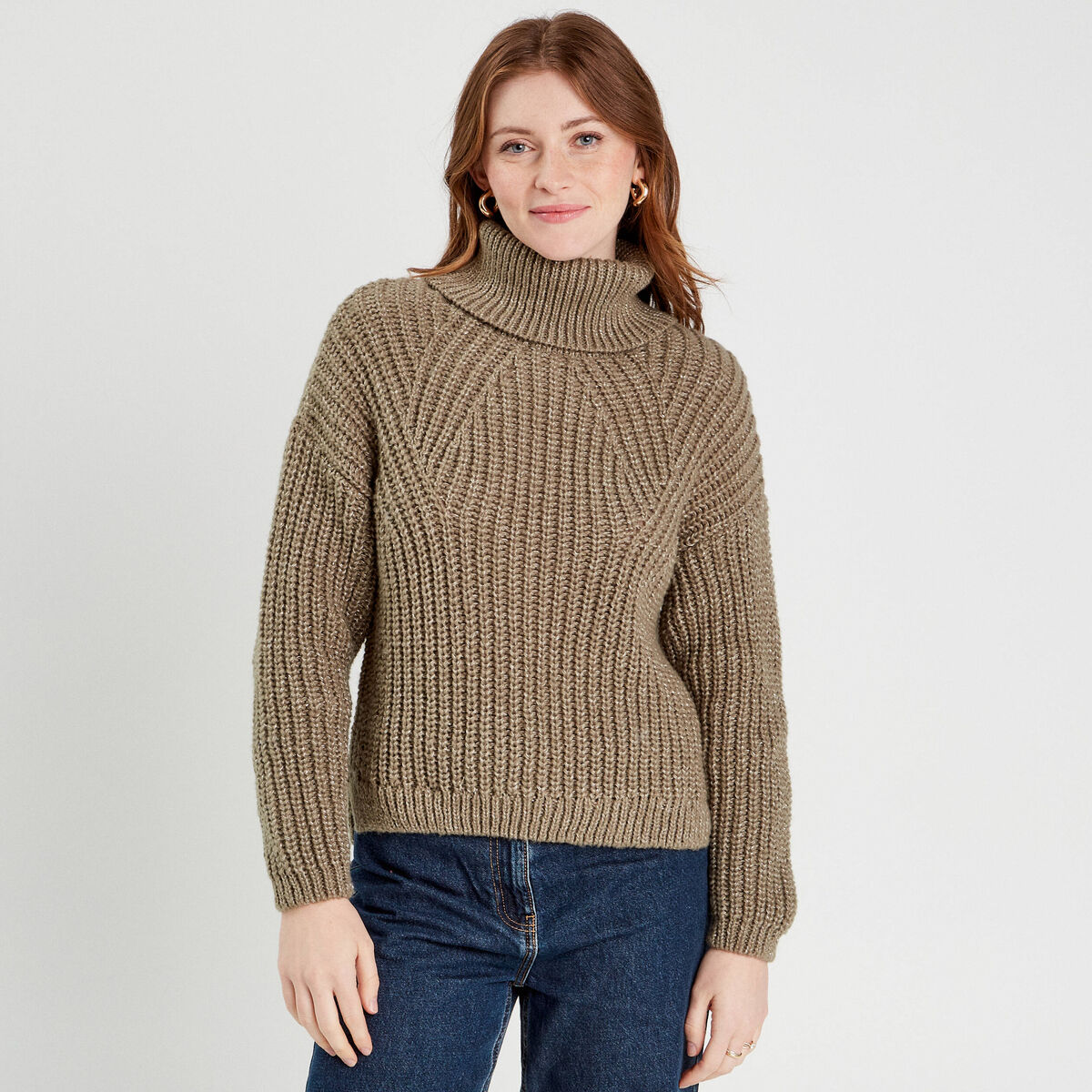 Pull avec col roulé vert kaki femme