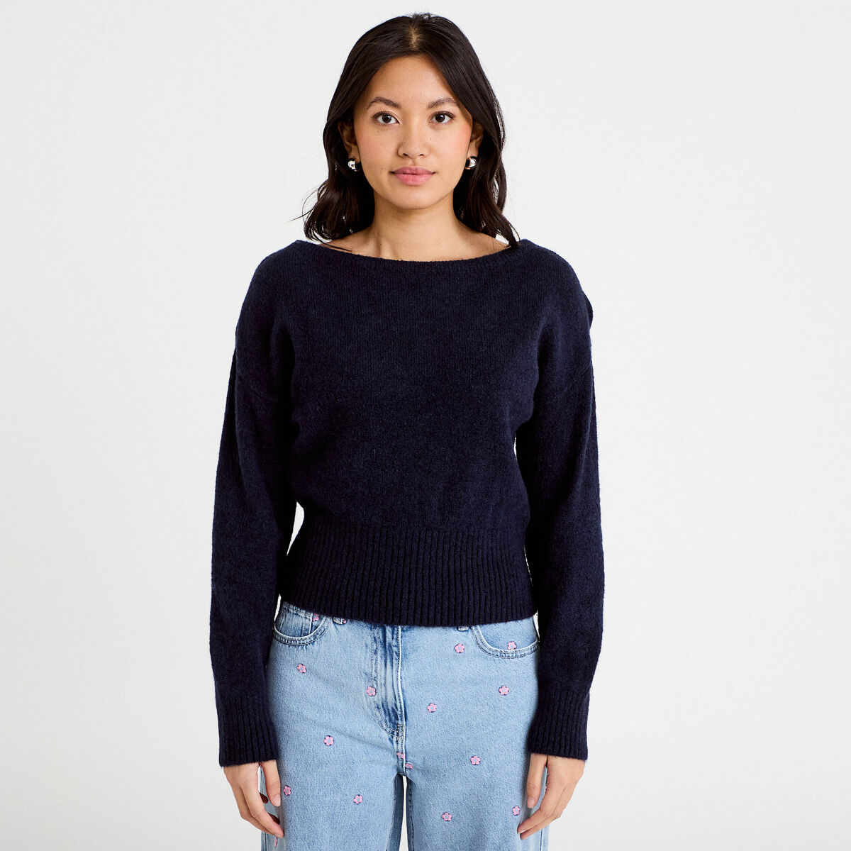 Pull col bateau bleu marine femme