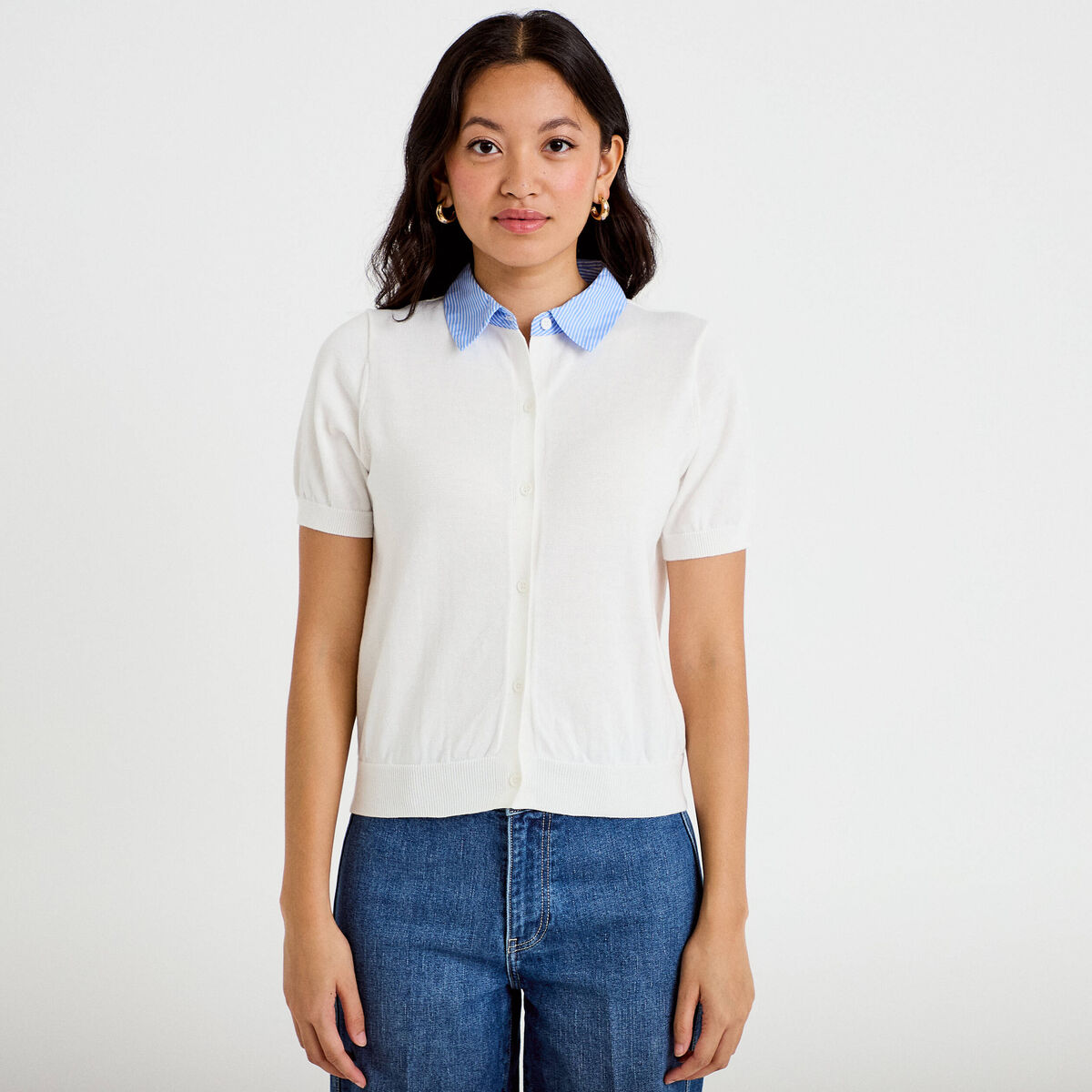 Polo col chemise manches courtes blanc femme