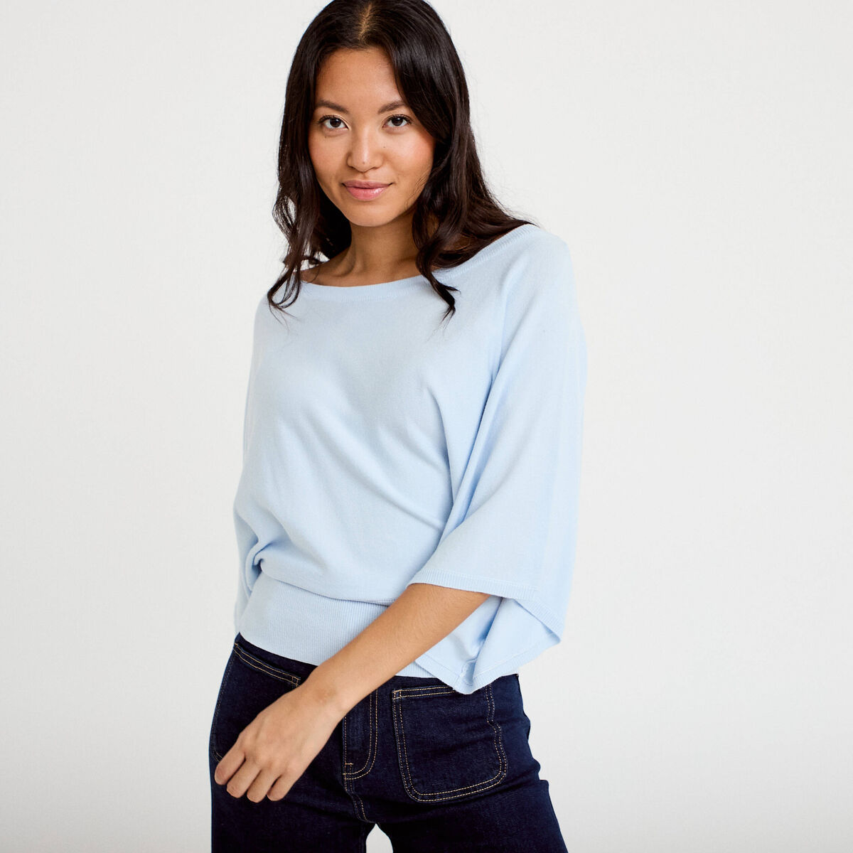 Pull ample manches courtes col rond bleu ciel femme