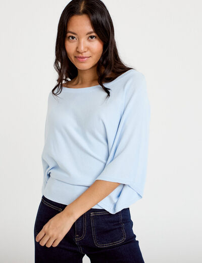Pull ample manches courtes col rond bleu ciel femme